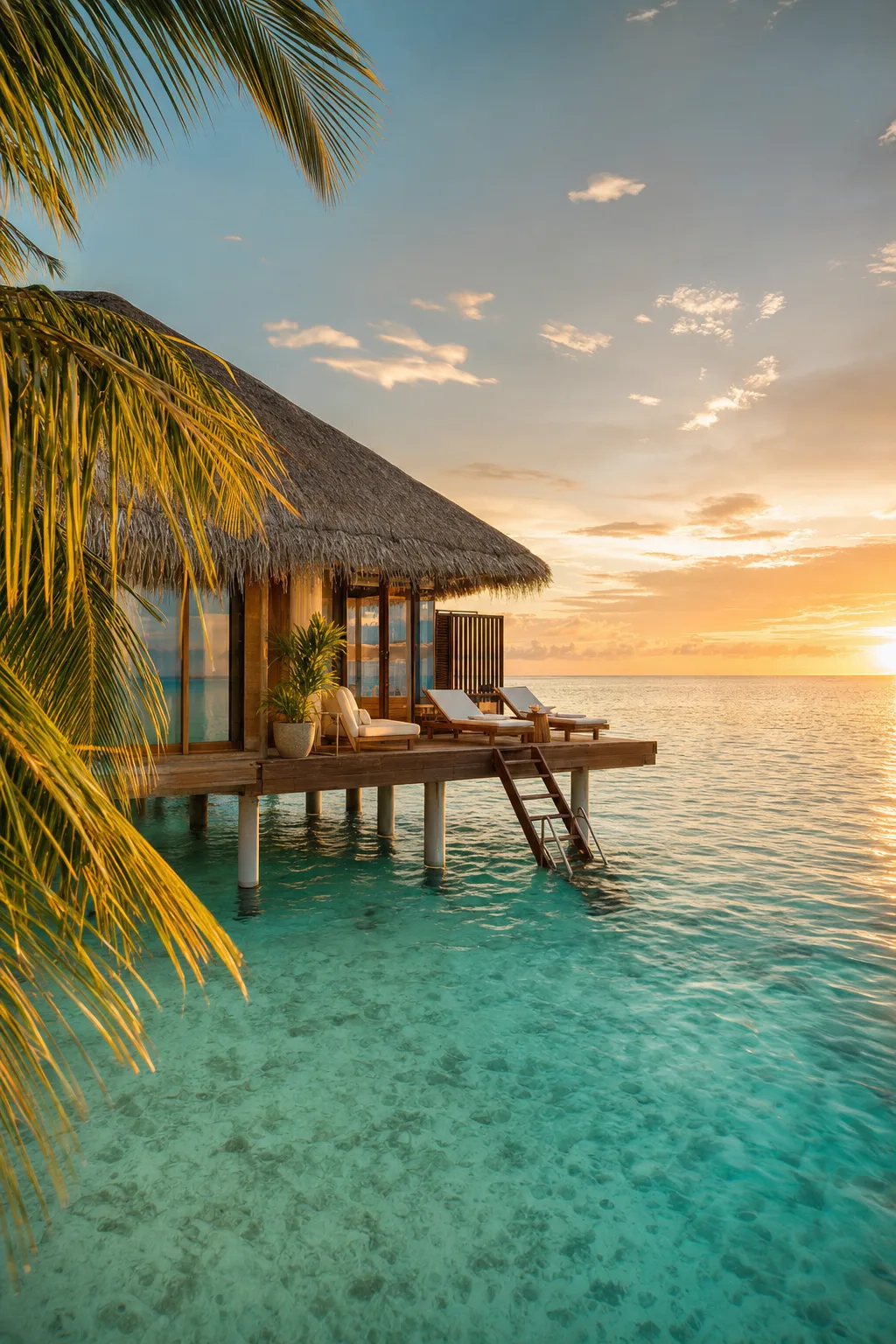 Мальдивы, premium overwater bungalow над бирюзовой лагуной